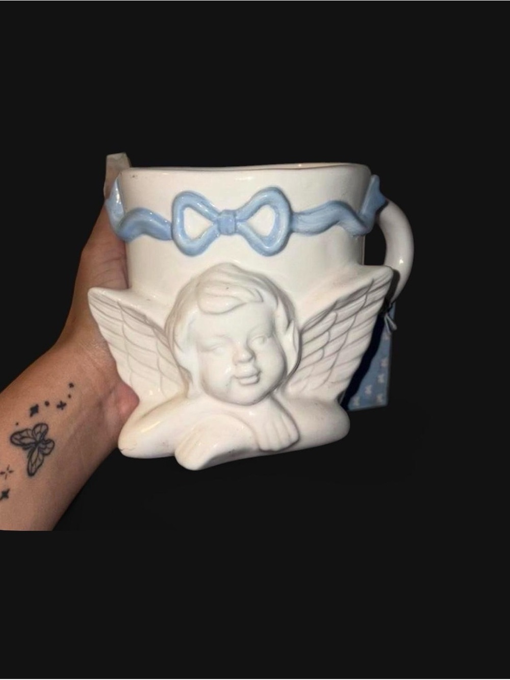 Cherub Ceramic Mug with Blue Bow Accent -